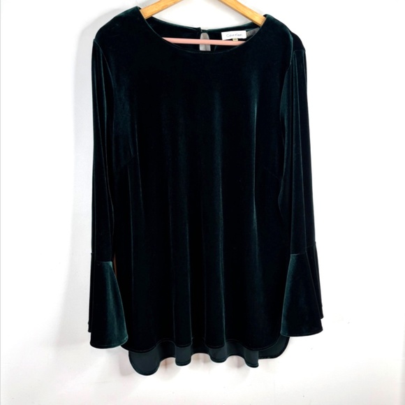 Calvin Klein Velvet Blouse 0X Emerald Green Bell Sleeve Christmas Holiday Photos - Picture 2 of 12